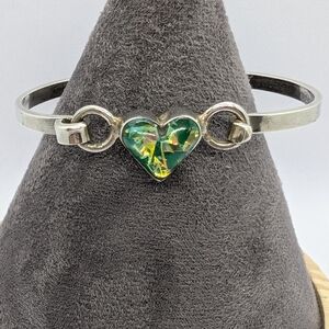 Mexico Taxco 925 TR-09 Silver Bangle with Green/Turquoise Color Gemstone Heart